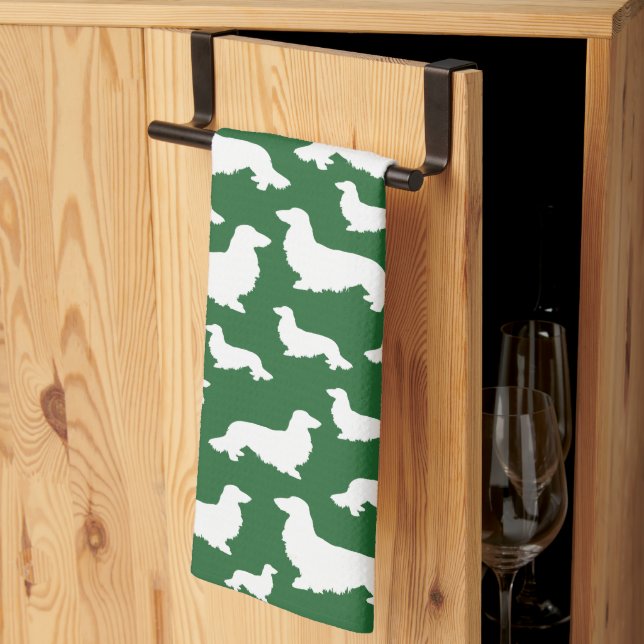 Long Hair Dachshund Forest Grönt Kitchen Towel Kökshandduk (Thirds Fold)