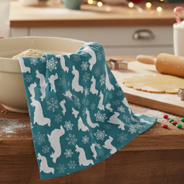 Long Hair Dachshund jul-gåva Teal Kökshandduk (Long hair dachshund - blue Christmas dish towel - hostess or white elephant gift for wiener dog moms)