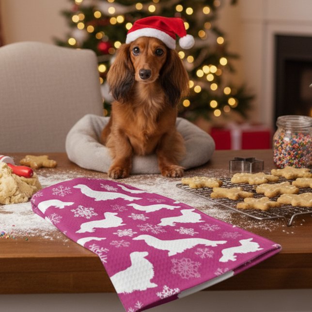 Long Hair Dachshund jul Gift Fuchsia Kökshandduk (Pink Christmas long hair dachshund hostess gift for long hair wiener dog moms)