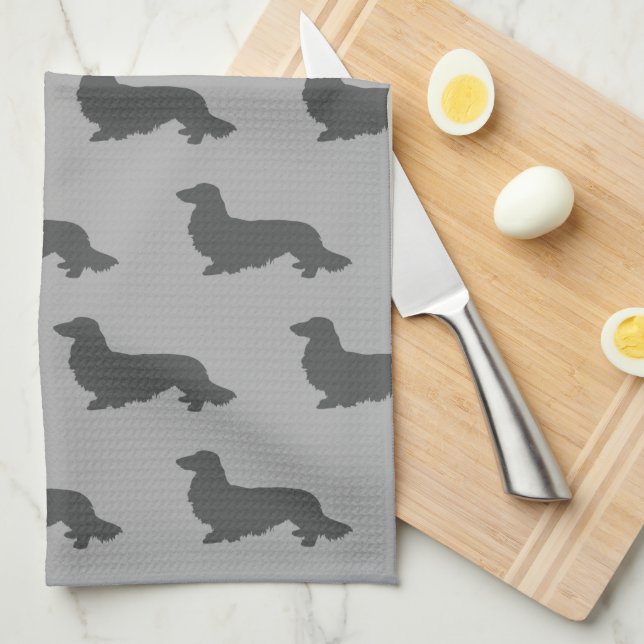 Long Hair Dachshund Kitchen Dish Towel Grått Kökshandduk (Vikt i Fjärdedel)