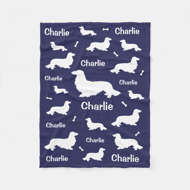 Long Hair Dachshund Personlig Navy Blanket Fleecefilt (Framsidan)