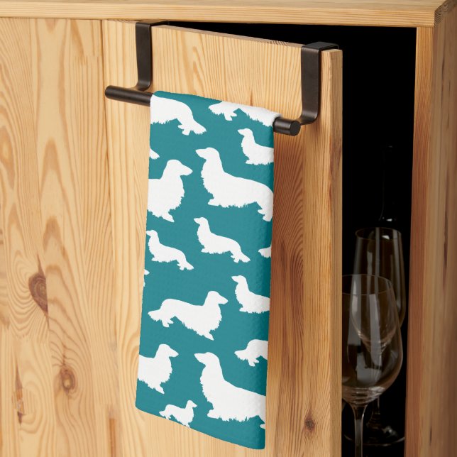 Long Hair Dachshund Teal Wiener Hund Kitchen Towel Kökshandduk (Thirds Fold)