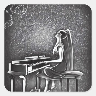 Long Hair Dam Spelning Piano Fyrkantigt Klistermärke