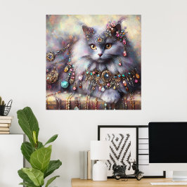 Long Hair Grått Nebelung Cat Kattunge w/Jewels Jew Poster