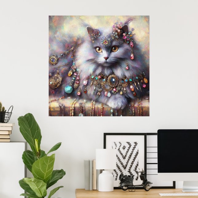 Long Hair Grått Nebelung Cat Kattunge w/Jewels Jew Poster (Hemmakontoret)