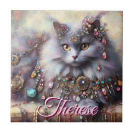 Long Hair Gray Cat w/Jewels Gemstones Personalized Kakelplatta