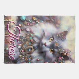 Long Hair Gray Cat w/Jewels Gemstones Personalized Kökshandduk