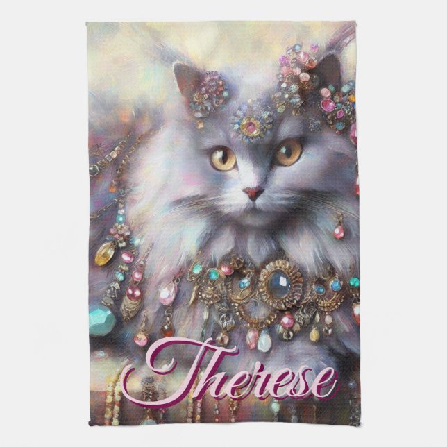 Long Hair Gray Cat w/Jewels Gemstones Personalized Kökshandduk (Vertikal)