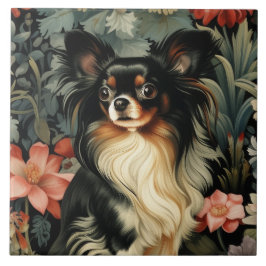Long Hair Tricolor Chihuahua i en Vintage Garden Kakelplatta