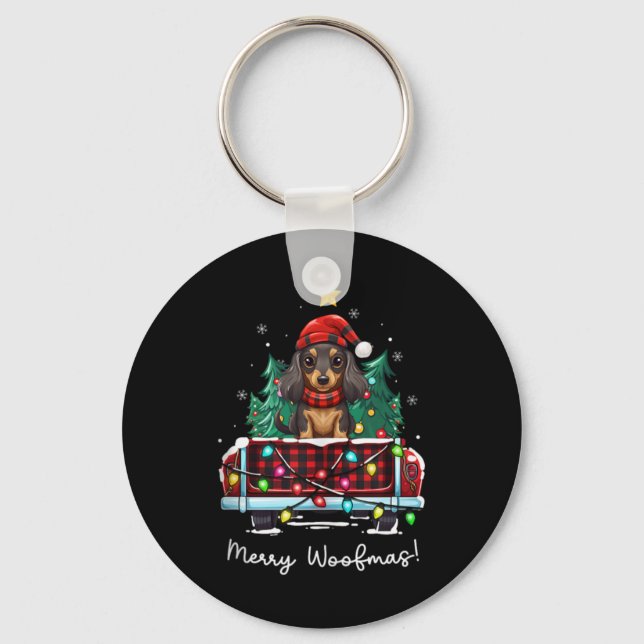 Long Haired Dachshund Christmas Dog Truck Plaid Fu Nyckelring (Framsida)