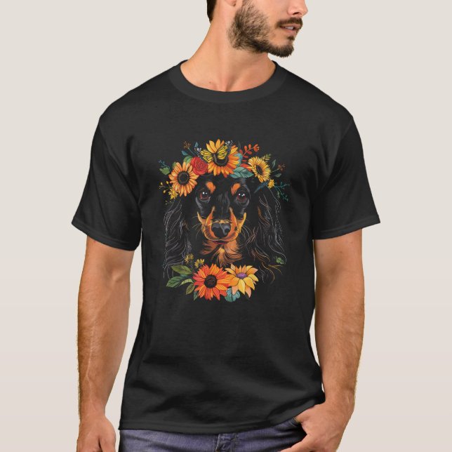 Long Haired Dachshund Dog Cute Floral Sunflower Co T Shirt (Framsida)