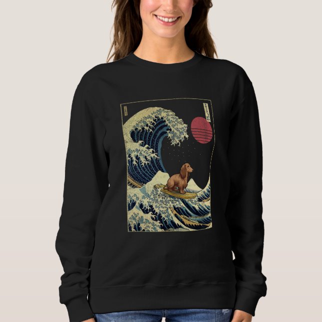 Long Haired Dachshund Japanese Kanagawa Wave  Surf T Shirt (Framsida)