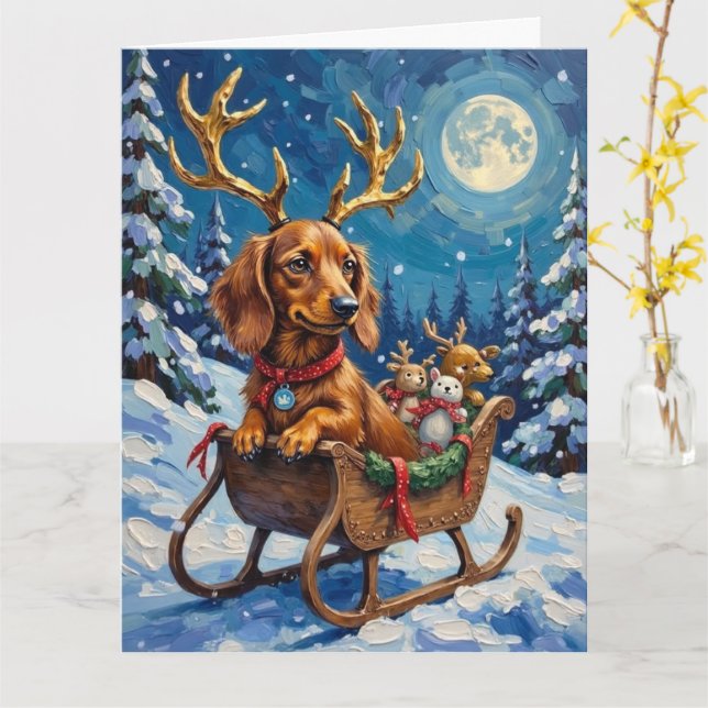 Long-Haired Dachshund Reindeer Sleigh Kort (Gul blomma)
