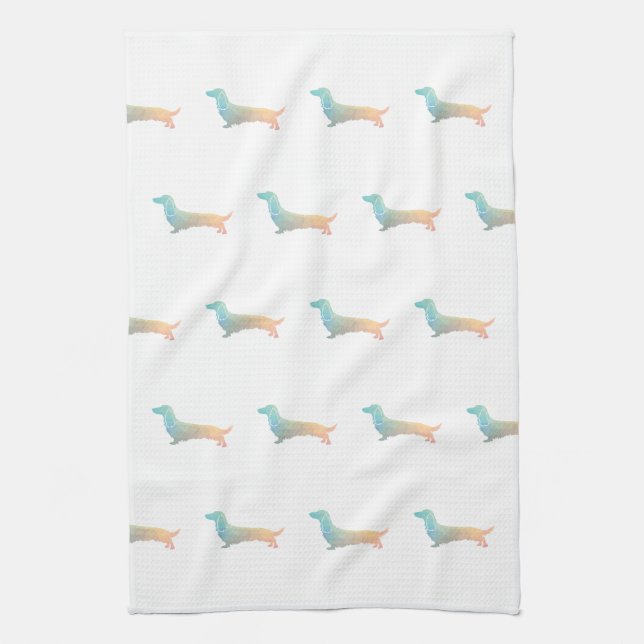 Long-hårade Dachshund Geo Silhouette Pastel Kökshandduk (Vertikal)