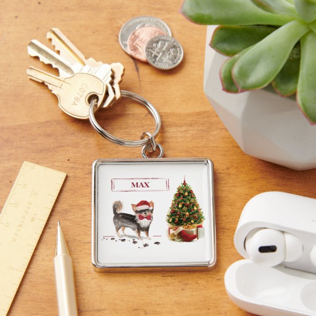 Long Hved Chihuahua Funny jul Hund Träd Fyrkantig Silverfärgad Nyckelring (Skrivbord)
