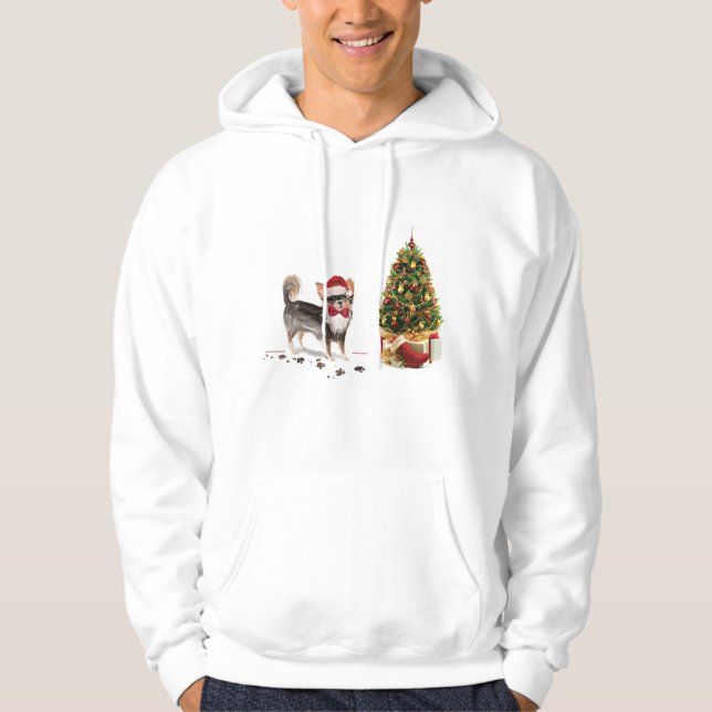Long Hved Chihuahua Funny jul Hund Träd Hoodie (Framsida)