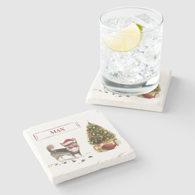 Long Hved Chihuahua Funny jul Hund Träd Stenunderlägg (Sidan)