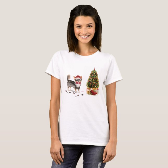 Long Hved Chihuahua Funny jul Hund Träd T Shirt (Hel framsida)