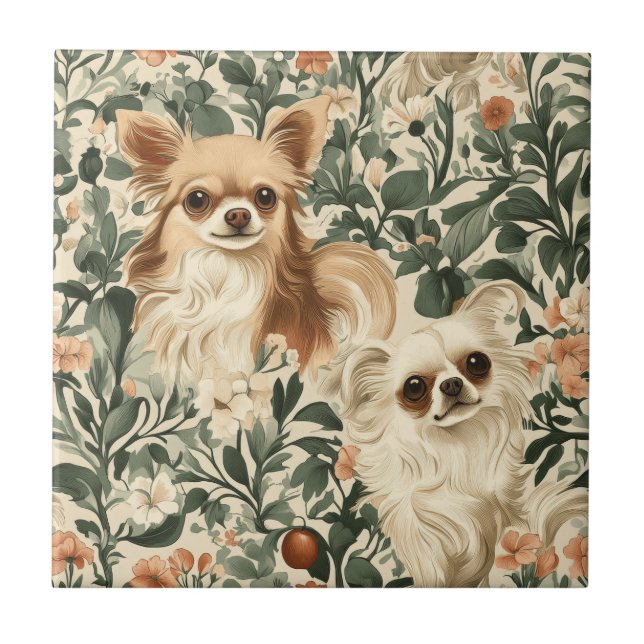 Long Hved Chihuahuas William Morris stil blommigt Kakelplatta (Framsidan)