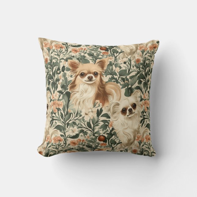 Long Hved Chihuahuas William Morris stil blommigt Kudde (Framsida)