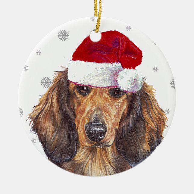 Long-Hved Dachshund - Santa Hat-julbabel Julgransprydnad Keramik (Framsidan)