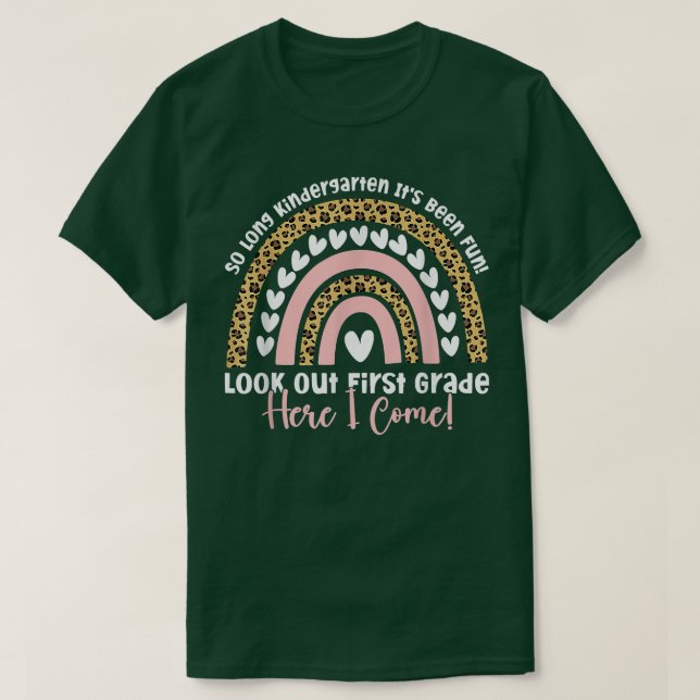 Long Kindergarten 1st Klass Rainbow Leopard Gra T Shirt (Design framsida)