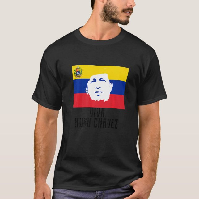 Long Live Hugo Chávez Ansikte på Flagga T Shirt (Framsida)
