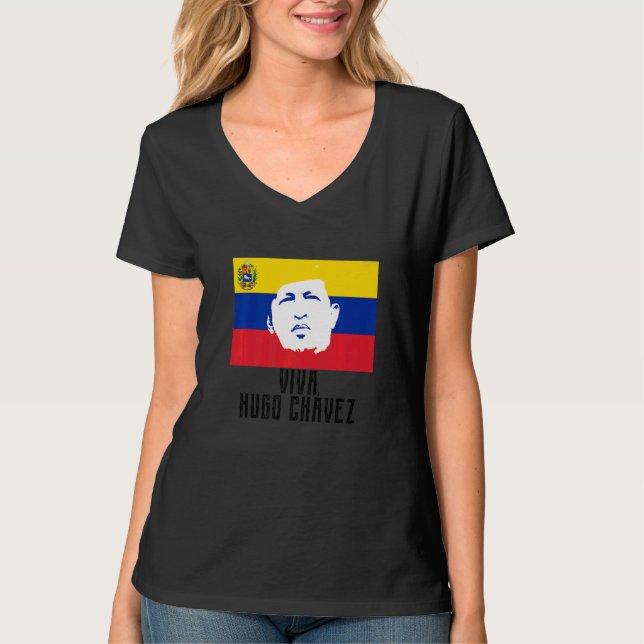 Long Live Hugo Chávez Ansikte på Flagga T Shirt (Framsida)