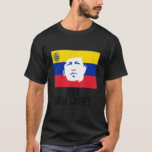 Long Live Hugo Chávez Ansikte på Flagga T Shirt (Framsida)