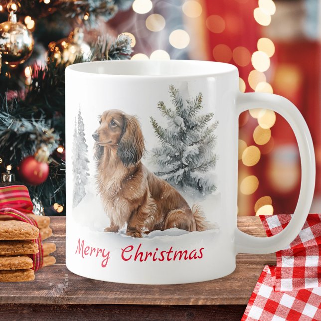 Long-parad Dachshund Hund i Snö God jul Kaffemugg (A festive coffee mug with picture of a long haired dachshund in snow, with Merry Christmas greeting)