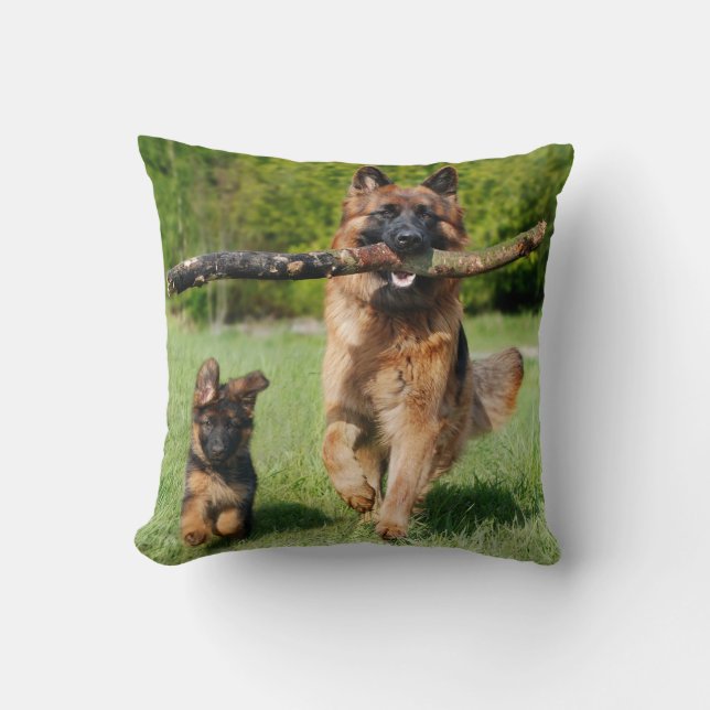 Long-parad Fluffy German Shepherd Hund and Puppy Kudde (Framsida)