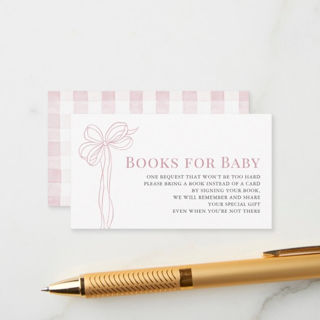 Long Pink Bow Ribbon Girl Baby Shower Book Request Tilläggskort (Fram/Back In Situ)