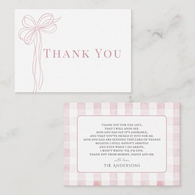 Long Pink Bow Ribbon Girl Baby Shower Thank You Anteckningskort (Fram/baksida)