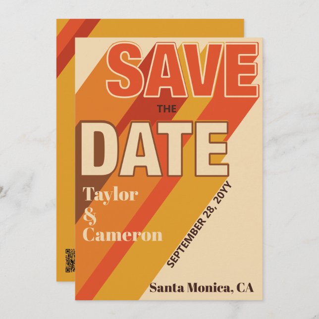 Long Shadow Groovy Orange och Brown Bröllop Spara Datumet (Fram/baksida)