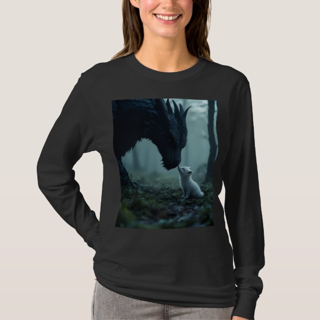 long sleeve black dragon and white puppy shirt t shirt (Framsida)