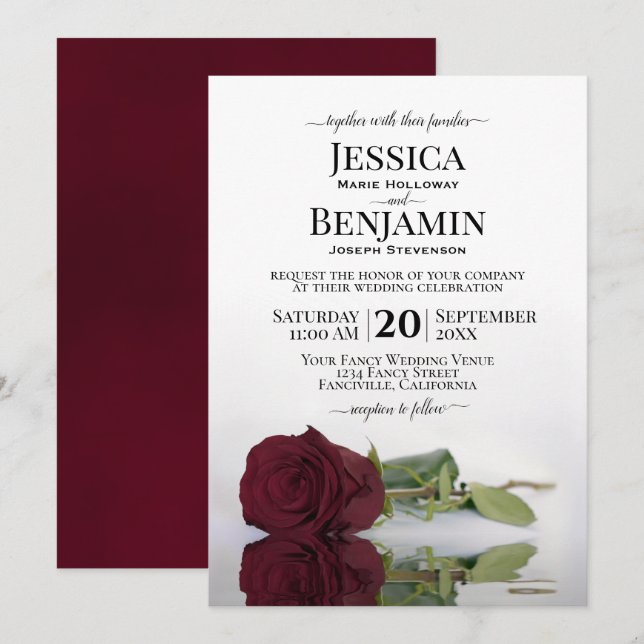 Long Stemmed Romantic Burgundy Ro Chic Bröllop Inbjudningar (Fram/baksida)