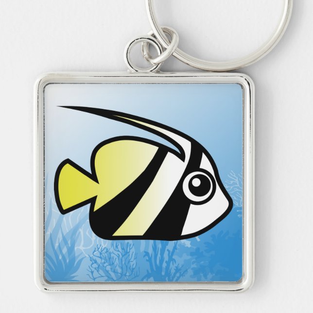 Longfin Bannerfish Fyrkantig Silverfärgad Nyckelring (Framsidan)