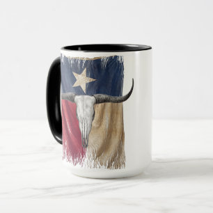 Longhorn Bull Skull på Distress Texas Flagga Mugg