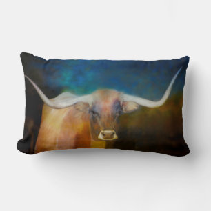 Longhorn Cow-konst på blå och brun Lumbarkudde