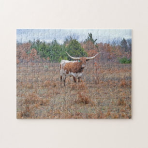 Longhorn Cow Texas Farm Orange Färg Puzzle Pussel