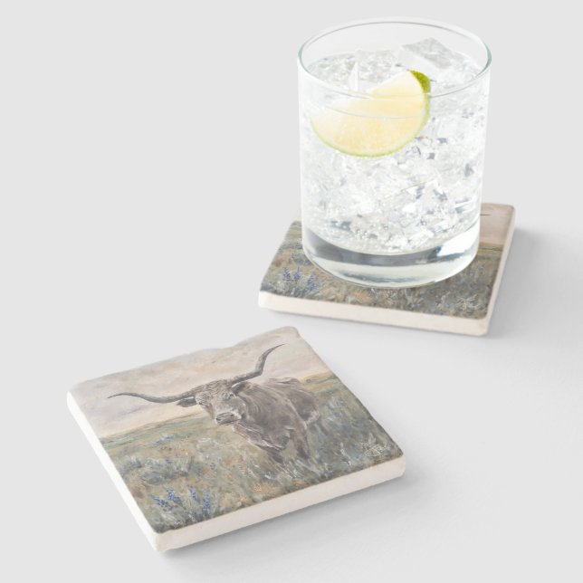 "Longhorn" Handmålad Stenunderlägg (Sidan)