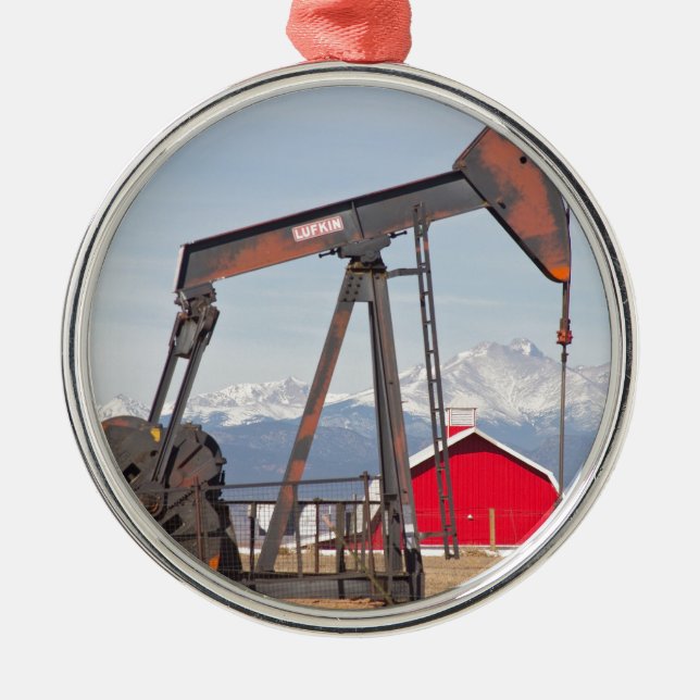 Longs den väl Pumpjack för olja röda ladugården Julgransprydnad Metall (Framsidan)