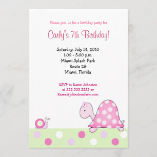 Lonnies Rosa Turtle 5x7 Girls Birthday-inbjudan Inbjudningar