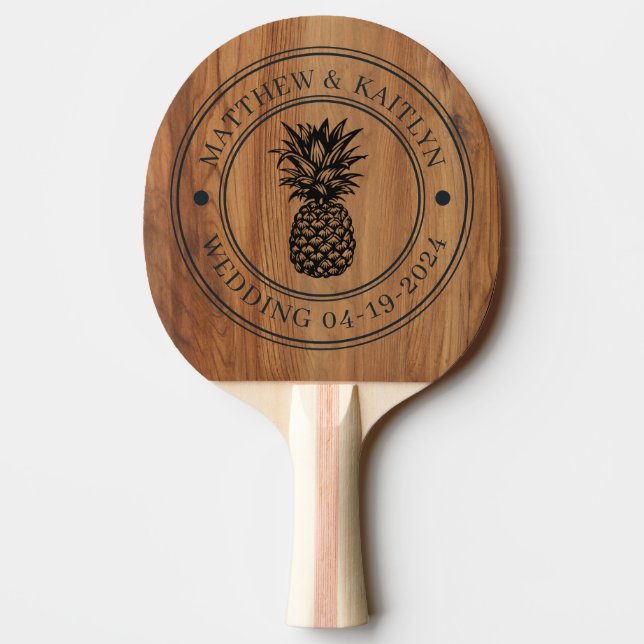 Lönnträ Pineapple Bröllopskam & Namn Pingisracket (Baksidan)