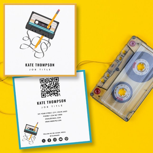 Lönsam 80s Music Retro Cassette Tape QR-kod Fyrkantigt Visitkort (Funny 80s Music Retro Cassette Tape QR Code Square Business Card)