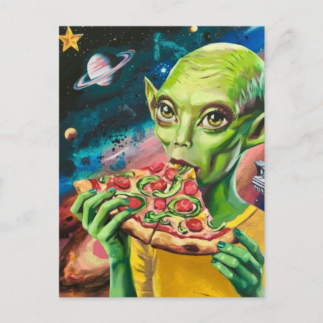 Lönsam Alien i Space Eating Pizza Vykort (Framsida)