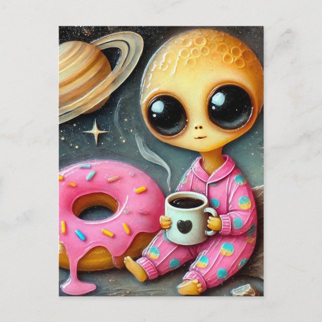 Lönsam Alien med kaffe och Donut i rymden Vykort (Framsida)