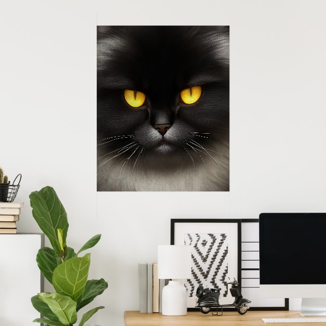 Lönsam Arg Fluffy Black Persian Kattunge Ansikte Poster (Hemmakontoret)