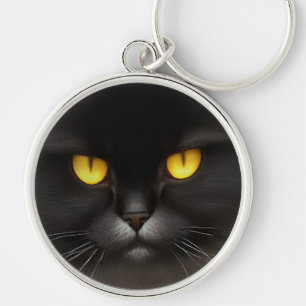 Lönsam Arg Fluffy Black Persian Kattunge Ansikte Rund Silverfärgad Nyckelring