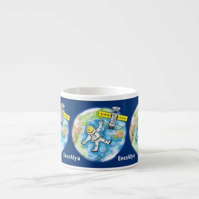 Lönsam astronaut i rymden och jordens tecknad espressomugg (Framsidan)